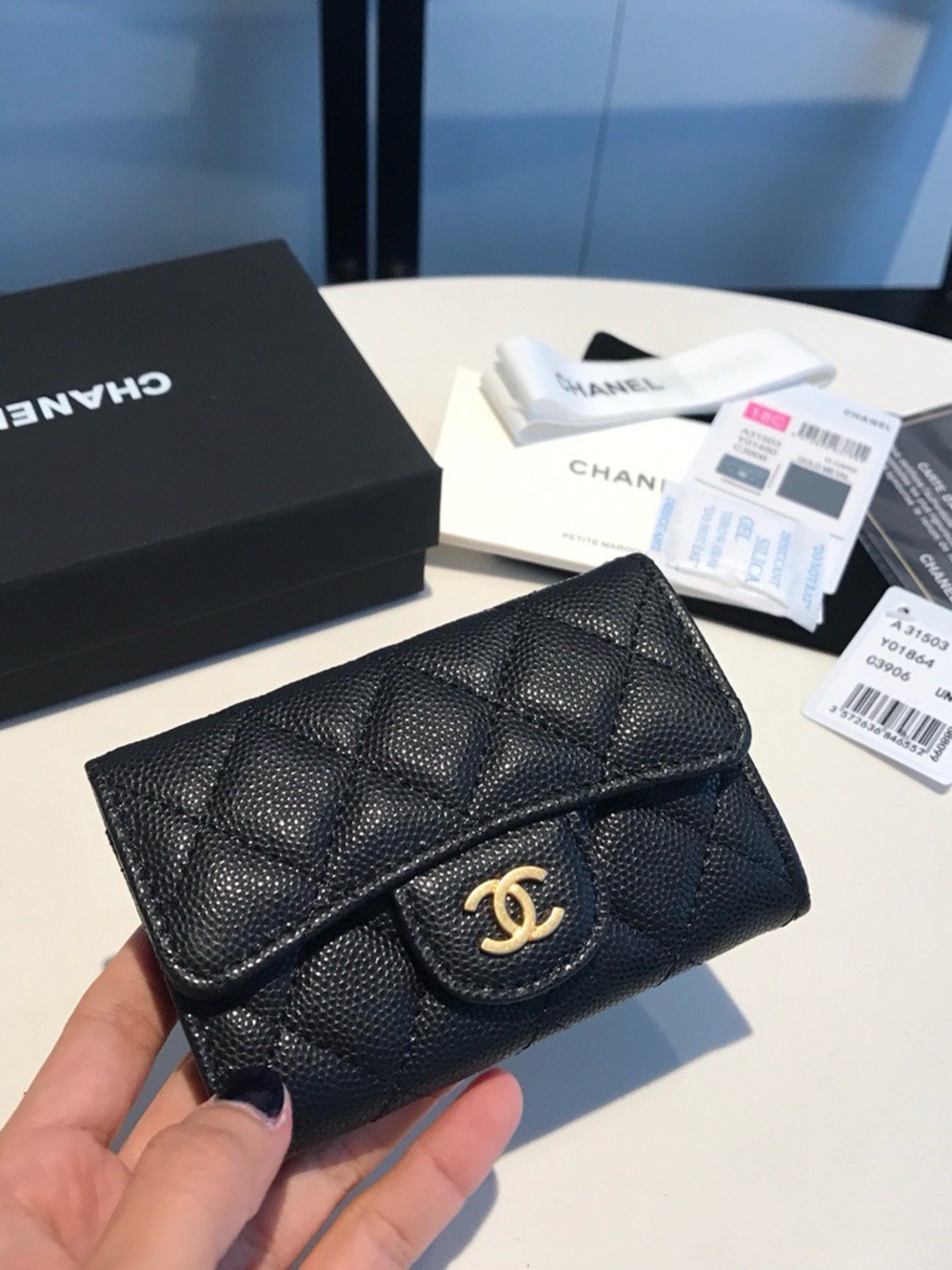 CHANEL Black Quilted Caviar Leather Mini Wallet with Gold CC